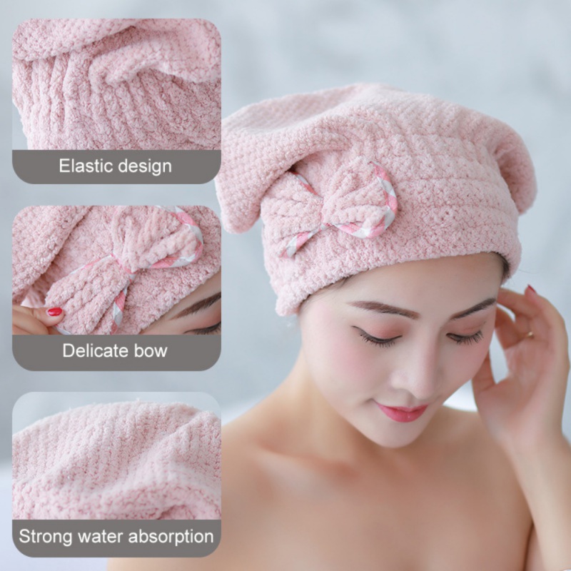 

Shower Towel Elastic Hair Drying Cap With Bow Thickening Coral Fleece Super Absorbent Hair Wrap Towel Shower Hat