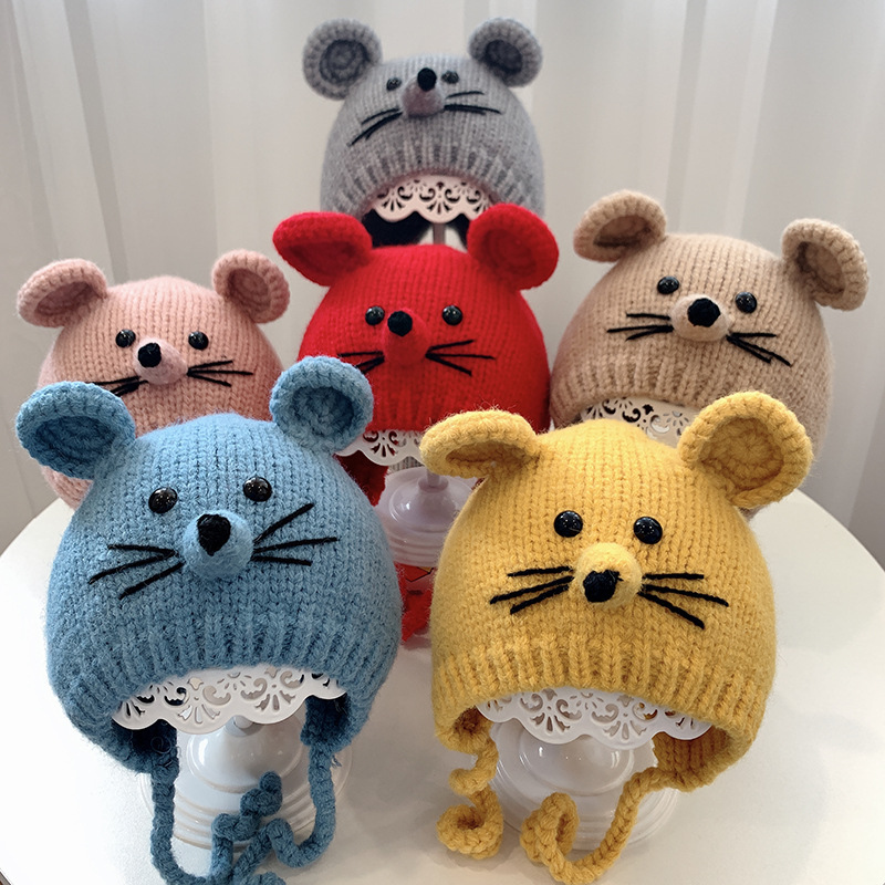 

2020 winter warm hat Little mouse baby knitted hatbaby hat autumn and winter cartoon woolen split Ruili