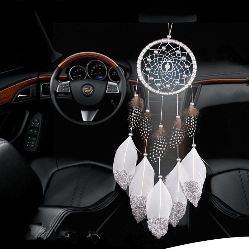 

Handmade Silver Bead Dream Catcher Wind Chimes Style Feather Pendant Dreamcatcher Creative Car Hanging Decoration