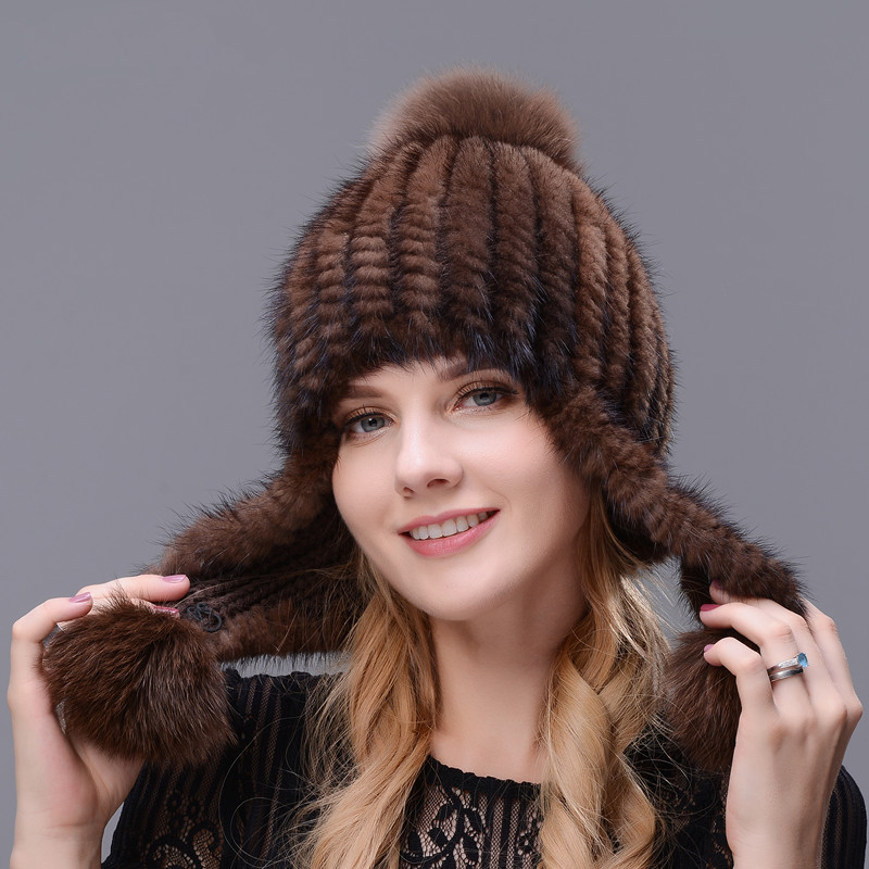 

Women's Hand-kintted Natural Hat Thick And Warmth Long Ear Cap Double Closely Woven Hat With Three Fur Pom Poms, 001