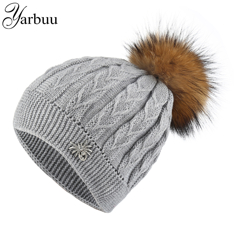 

YARBUU] knitted beanies cap winter hat for women girl's cap pompom hats solid colors gorros female causal hat, White