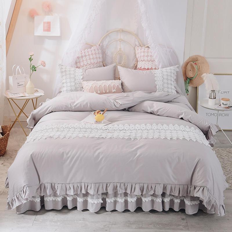 

4/6pieces Vintage Ruffle Lace Zipper Duvet Cover Set 100%Cotton Queen  Size Gray Princess Girls Bedding Ruffles Bedskirt, Color3