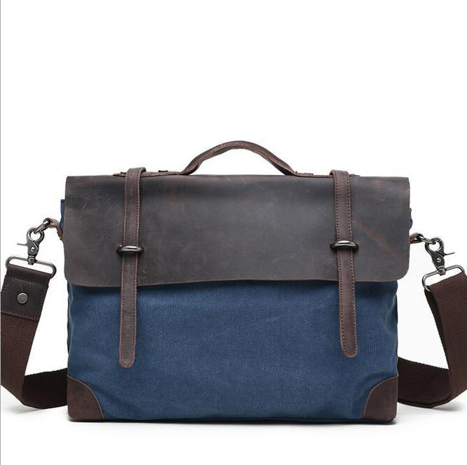 

factory sales brand bags of vintage leather mail-bag style leather tie-in canvas mans handbag business vintage shoulder slanting canvas, Dark grey