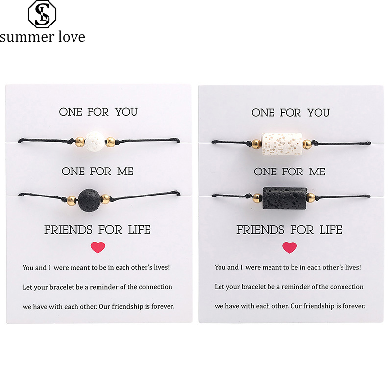 

2 Piece Set Women Black White Lava Stone Beads Friendship Bracelets Couples Adjustable Rope Bracelet Stainless Steel Jewelry