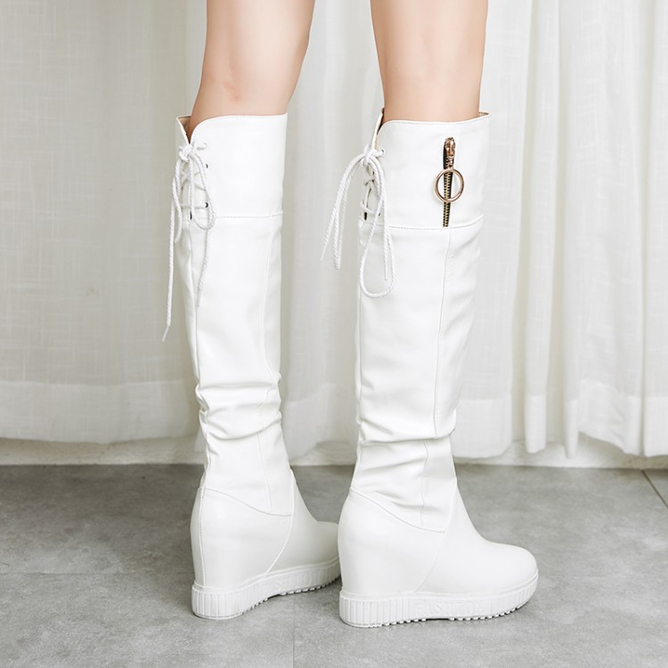 

PXELENA Retro Hidden Wedge High Heel Platform Punk Gothic Boots Women Lace Up Zip Lady Shoes Combat Long Boots Black White 34-43, Black flock