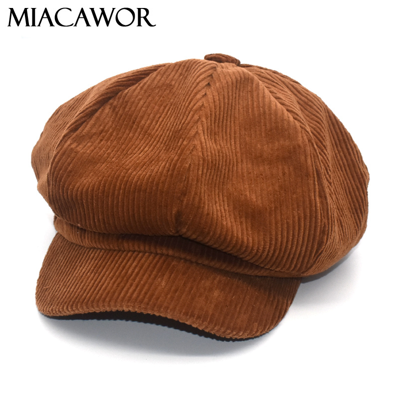 

MIACAWOR 2020 New Vintage Octagonal Hats Women Corduroy Girl Beret Hat Autumn Winter Gorras Planas Casual Newsboy Cap C10, Black