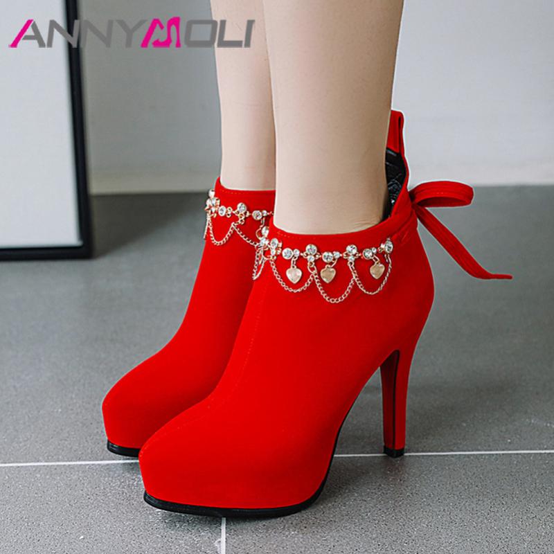 

ANNYMOLI Autumn Ankle Boots Women Zipper Thin Heels Short Boots Sexy Bow Super High Heel Shoes Female Winter Red Big Size 33-43, Black