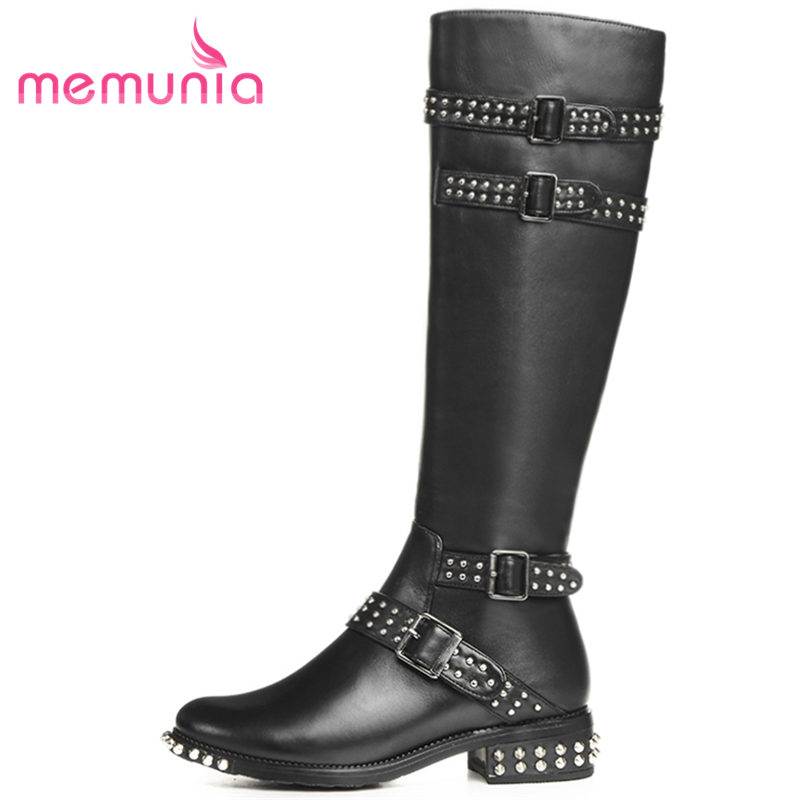 

MEMUNIA HOT 2020 fashion buckle zip genuine leather+PU boots round toe knee high boots for women square low heel winter, Black