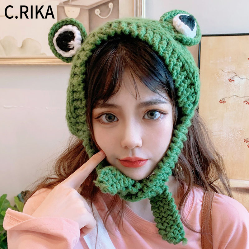 

Winter Skullies Cute Women Frog Hat Crochet Knitted Hat Costume Beanie Hats Cap Women Gift Hip-hop Cap Photography Prop Party, Khaki