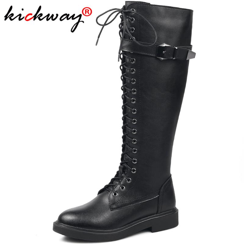 

kickway Fashion Women Cross Strap PU Leather Boots Autumn Winter Knee High Boots Ladies Thick Sole Platform Botas Mujer size 43, Black 21cm
