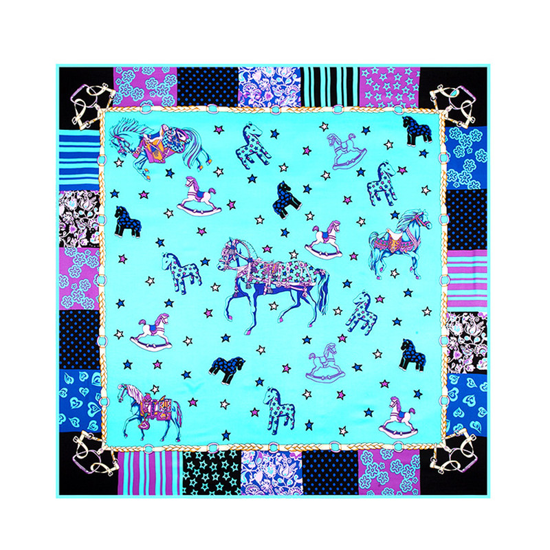 

POBING 100% Twill Silk Square Scarf Women Carousel Horse Print Foulard Head Scarves Wraps NecKerchief Office Lady Bandana 130CM