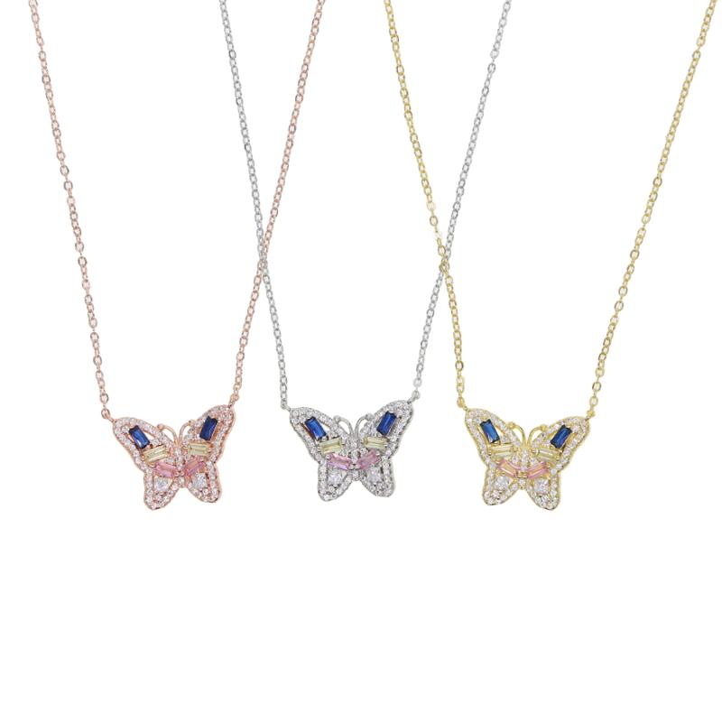 

summer hot selling Gold Filled baguette colorful rainbow cz paved cute animal butterfly necklace fashion trendy women jewelry
