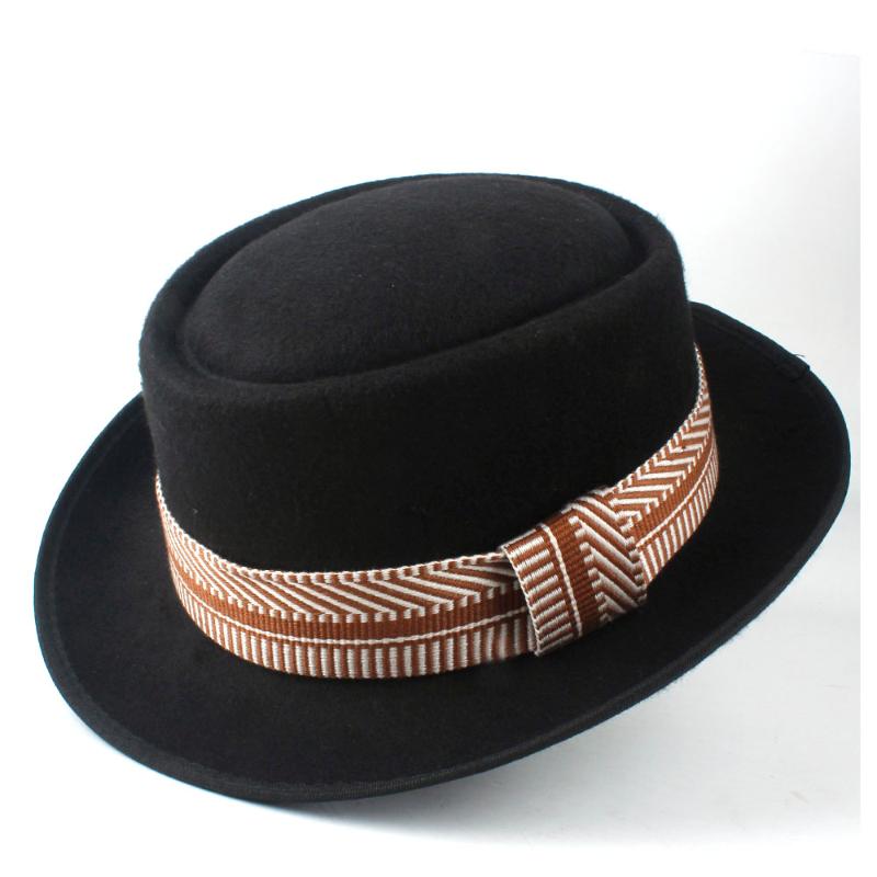 

Men Women Wool Pork Pie Hat With Ribbon Outdoor Casual Wild Hat Flat fedora Jazz Party Size 58CM, Black