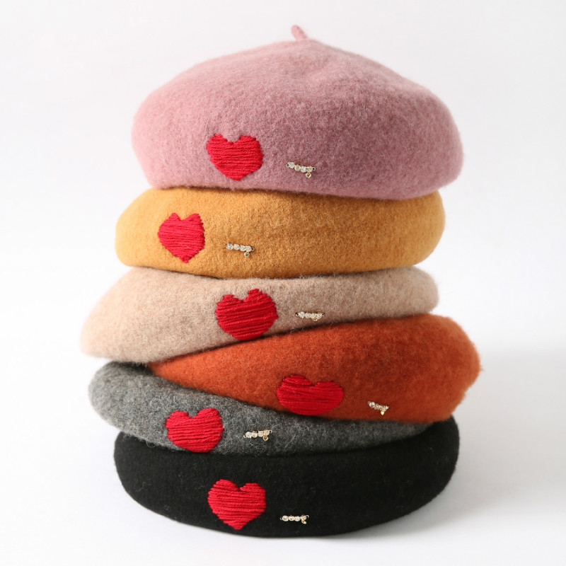 

Lady Winter Berets Hat Handmade embroidery love Painter hat Women Wool Vintage Berets Solid Color Caps Female Warm Walking Cap, Khaki