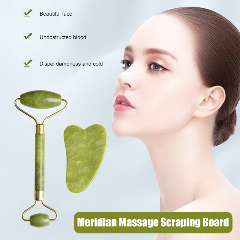 

Hot Sale 2pcs Massager Guasha Facial Jade Roller Face Lift Body GuaSha Board Tool Set Effective Beauty Container