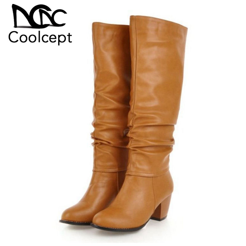 

CoolCept Women Pu Leather Round Toe Knee High Boots Chunky Heels Slip On Long Boots High Quality Work Shoes Woman Size 34-43, Black