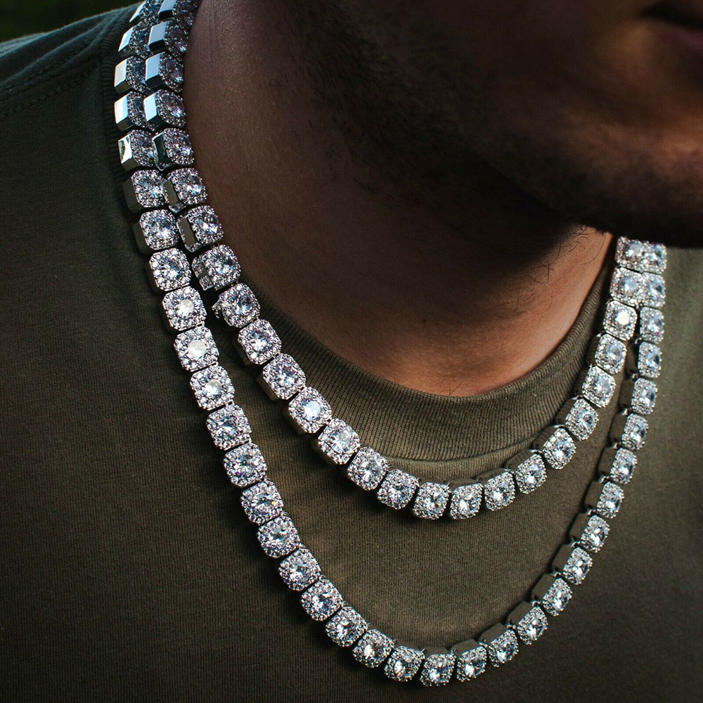 

14k Yellow Gold Clustered Diamond Tennis Chain Real Solid Icy Mens 10mm Cubic Zircon Stones Bling Tennis Chain Hip Hop 18inch 22inch