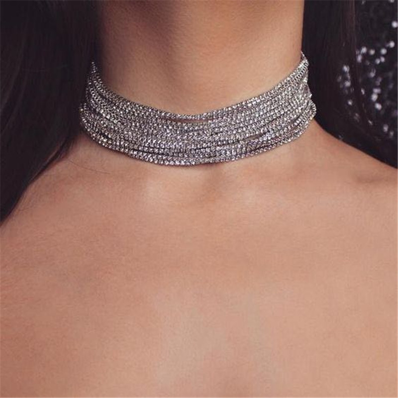 

Chokers European And American Simple Fashion Women Rhinestone Clavicle Necklace Multi Row Crystal Women's