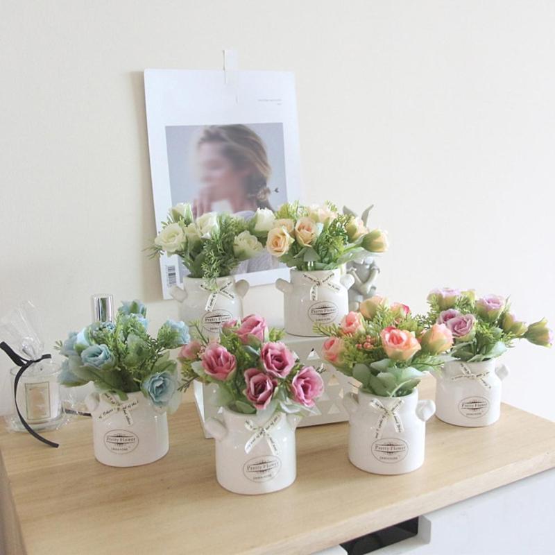 

1Pc Artificial Flower Real Touch Ceramic Pot Fake Rose Flowers Bonsai Stage Garden Wedding Home Party Decoration Indoor Decor, Light pink