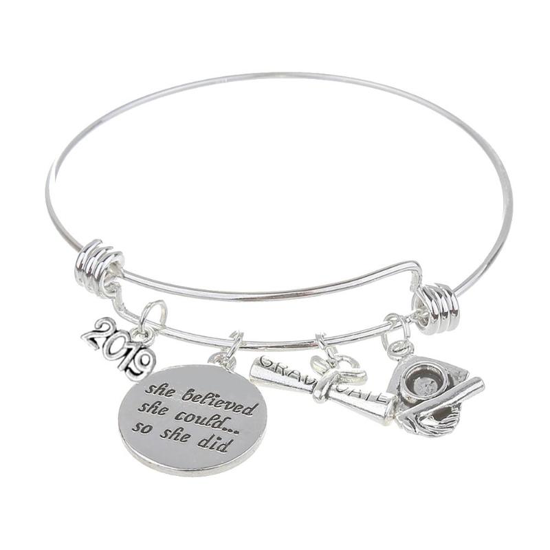 

2020 Graduate Letter Carving Pendant Stainless Steel Women Bracelet Bangle Gift