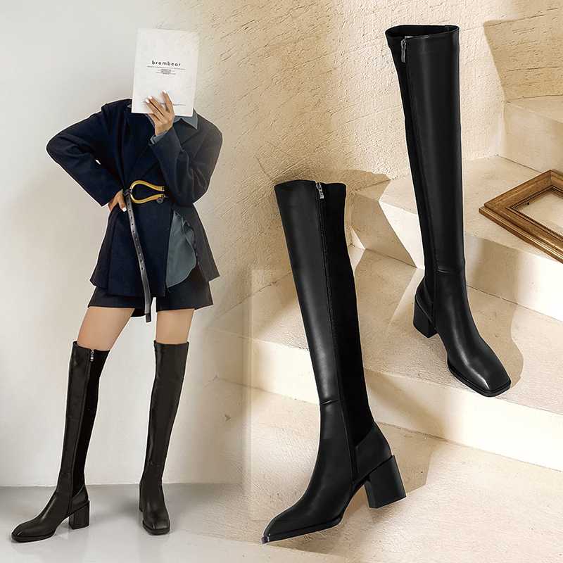 

2020 Autumn/winter elastic boots slimming style versatile black slim leg high boots woman's head warm leather X518