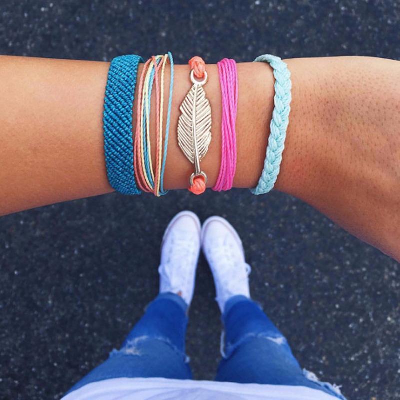 

5pc/set Leaves Thread Bracelet Retro Handmade Boho Multicolor String Cord Woven Braided Hippie Friendship Bracelets Women Men