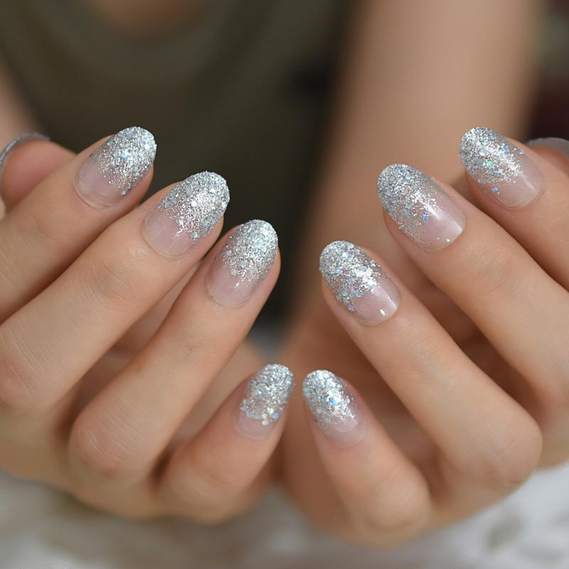 

Glitter Princess Medium Fake Nail Grey Shining Press On False Nails With Glue Simple Round Nail Art 24pcs, L5432