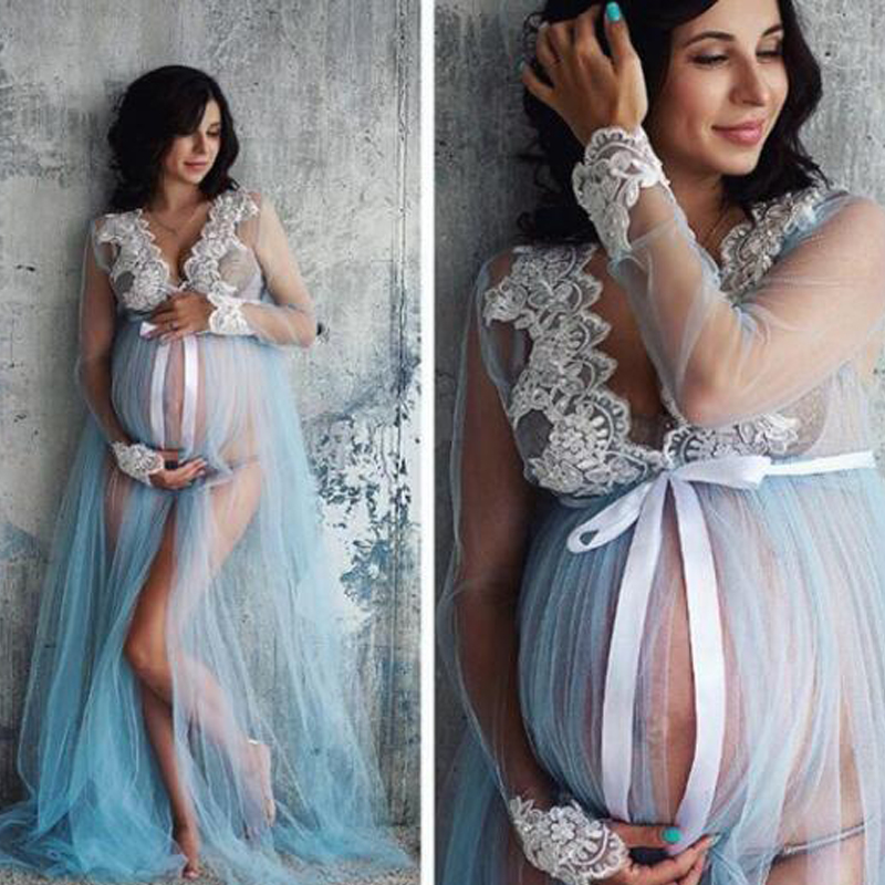 

Lace V-Neck Hollow out Maternity Dresses For Photo Shoot Pregnant Woman Clothes long-length maternity dresses photography props, As picture