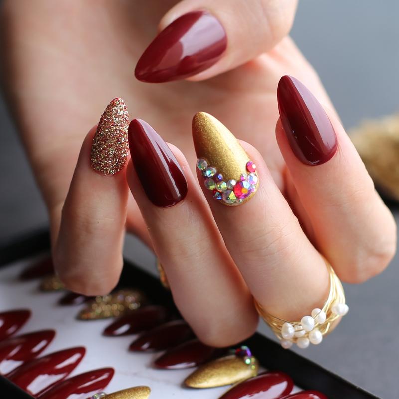 

UV Stiletto false nails medium almond art salon glossy fake nails Shiny golden glitter crystal diamond, H-060 nude