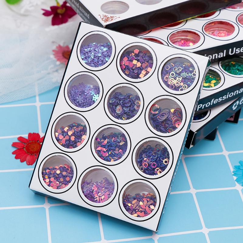 

12Pcs Laser Purple Various Shapes Nail Art Glitter Sequins Acrylic Tips 3D Colourful Sequins Polish Manicure Nail Decoration