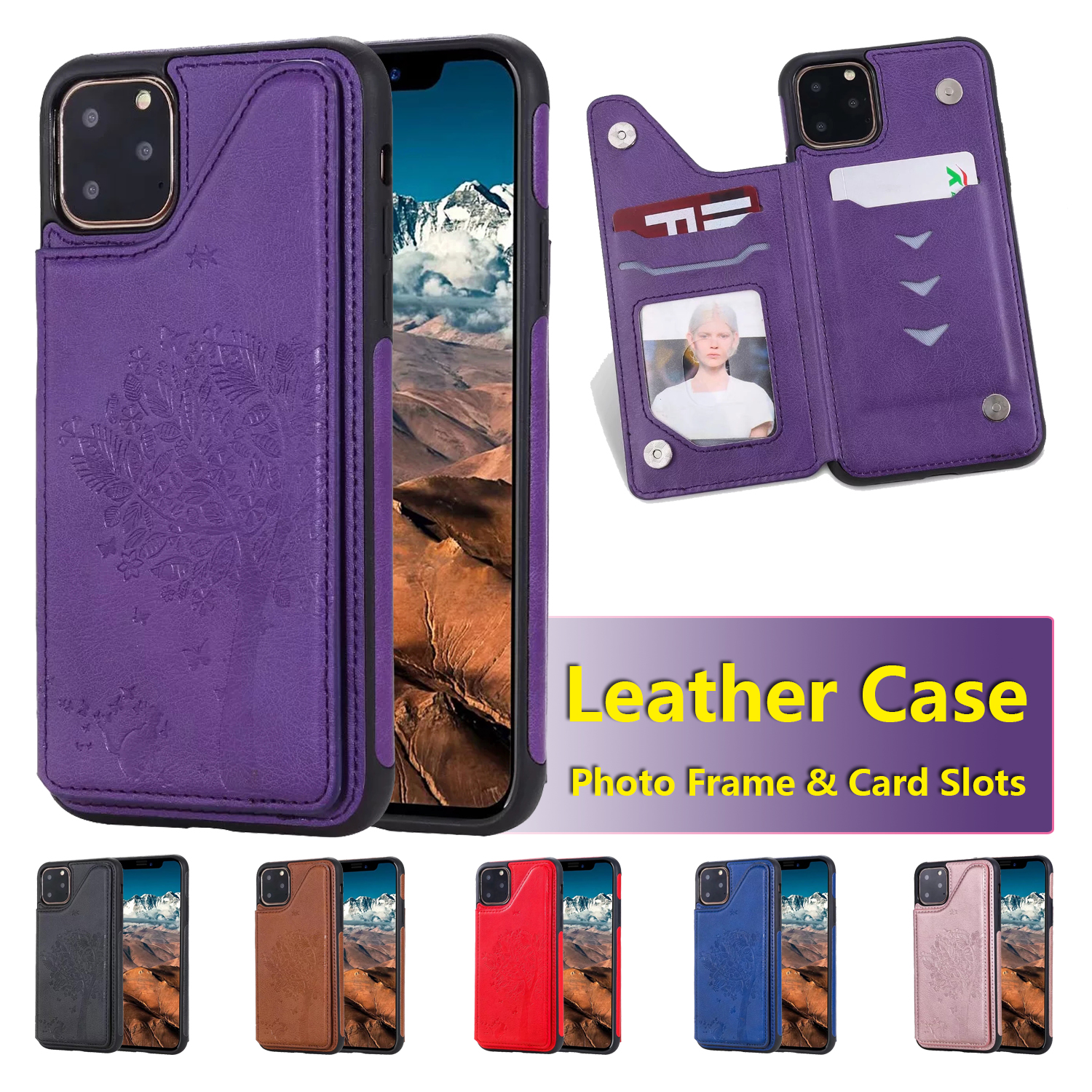 

Shockproof Phone Cases for iPhone 12 Mini 11 Pro X XR XS Max 7 8 Plus Samsung Galaxy S20 Ultra Cat Tree Embossing PU Leather Bracket Case, Black