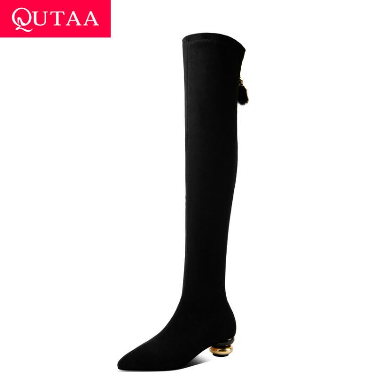

QUTAA 2021 Autumn Winter Over The Knee Boots Stretch Flock Zipper Women Shoes Square Heel Pointed Toe Long Boots Size 34-39, Black