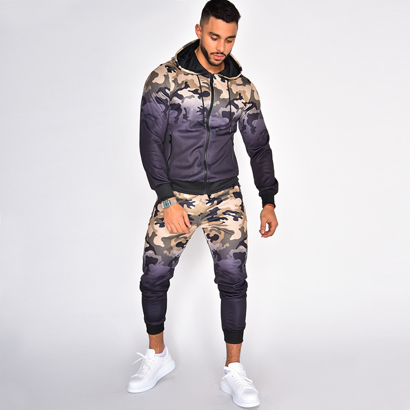 

mens tracksuits 2020 autumn fashion new men camouflage print sport suits casual men hooded active sets 3 colors asian size -3xl, Gray