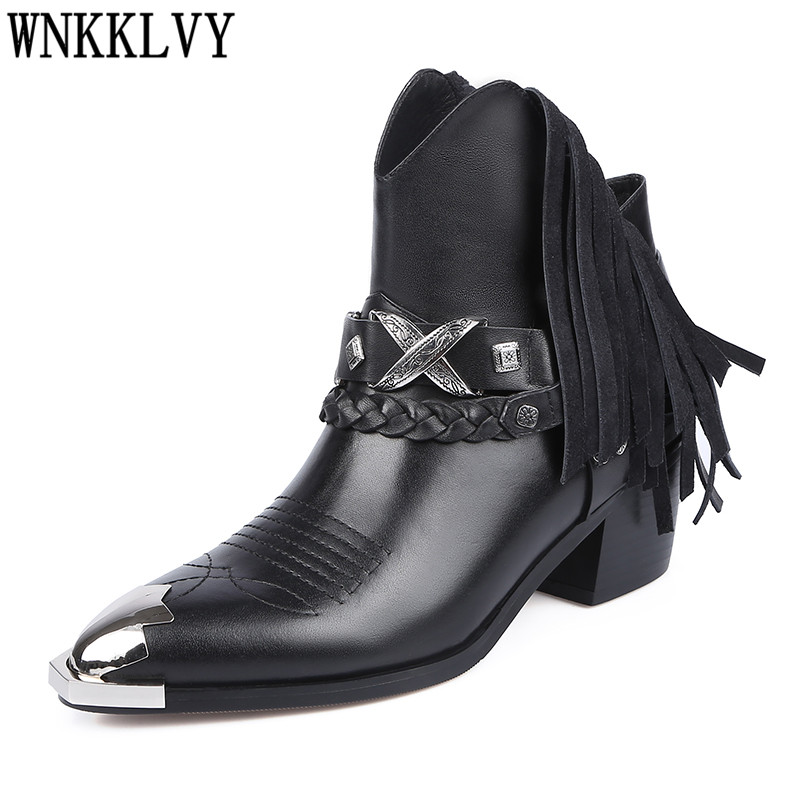 

Chunky mid heel fringe short boots women metal pointed toe belt buckle decor leather ankle boots female western cowboy, Black