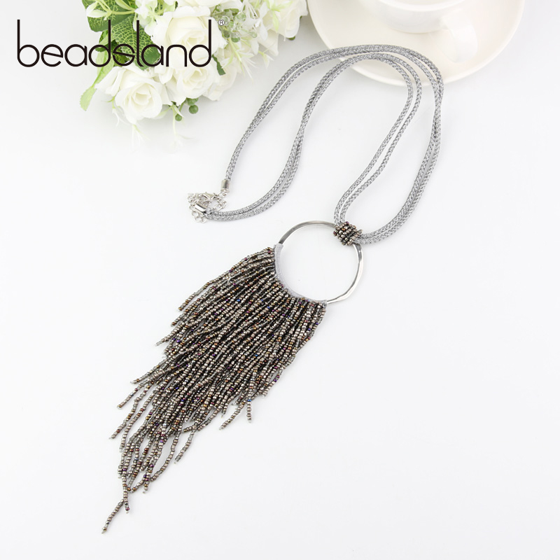 

Beadsland Handmade Knit Necklace Rope Chain Fashion Vintage Glass Beads Tassel Woman Girl Party Festival Gift 38087