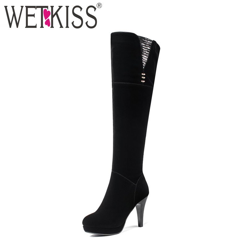 

WETKISS 2020 High Quality Women Knee Boots Platform Zipper Female Boot Elegant Charm Ladies Botas Black High Heels Shoes Woman