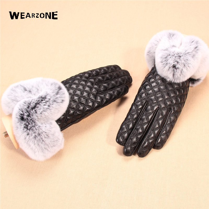 

Winter black sheepskin Diamond Lattice Mittens Leather Gloves For Women Fur Sheepskin Gloves Warm Female Driving