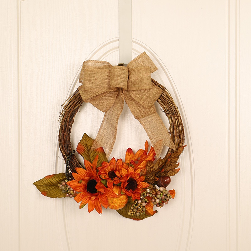 

Christmas Halloween Thanksgiving Sunflower Linen Ribbon Bow Wreath Holiday Theme Party Home Decoration
