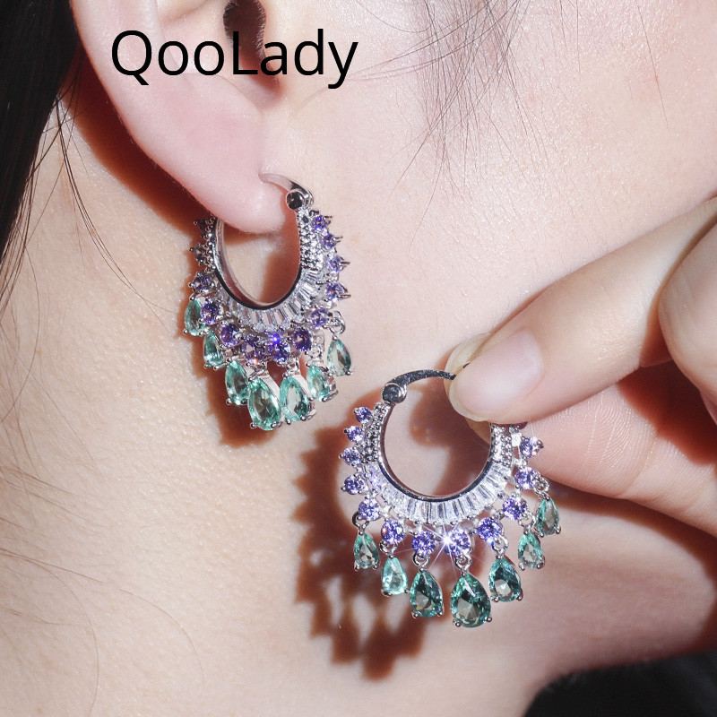 

QooLady Unique Tassel Circle Design Purple Blue Cubic Zirconia Crystal Round Hoop Earrings for Women Fashion Bridal Jewelry E197