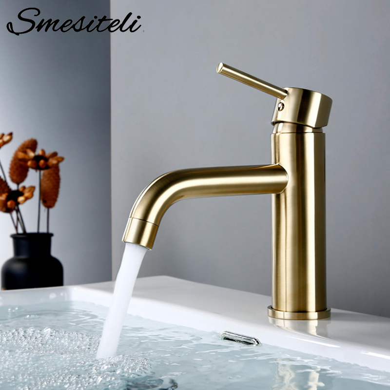 

Basin Faucets Brush Gold Bathroom Faucet Round Single Handle Basin Mixer Tap Bathroom Hot and Cold Small Sink Faucet