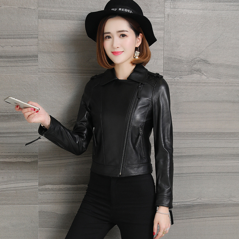 

Autumn 2020 New Genuine Leather Short Coat Slimming Zipper Motorcycle Biker Sheepskin Jacket For Women Female Fashion Clothes, As pic