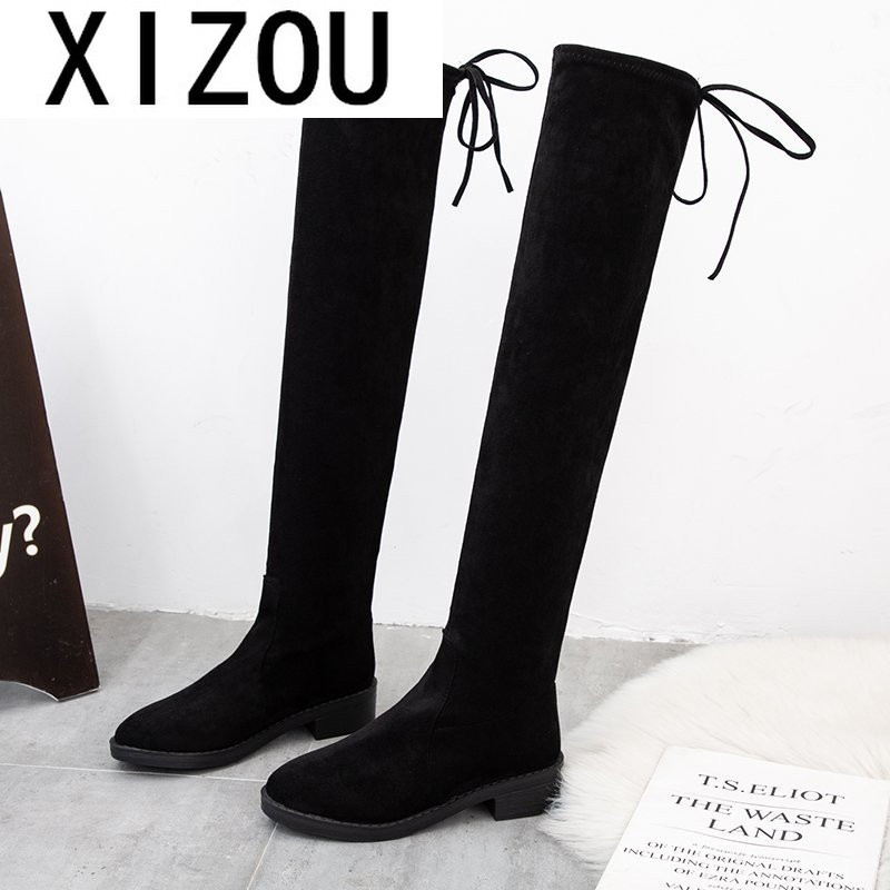 

2020 New Winter Women's Boots Fashion Low-heeled Boots Women's Round-head Square Heel Suede Over-the-knee Zapatos De Mujer, Black