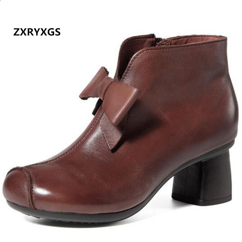 

ZXRYXGS 100% Natural Genuine Leather Spring Autumn Boots Women Fashion Boots 2020 New Bow Thick with High Heel Women, Black