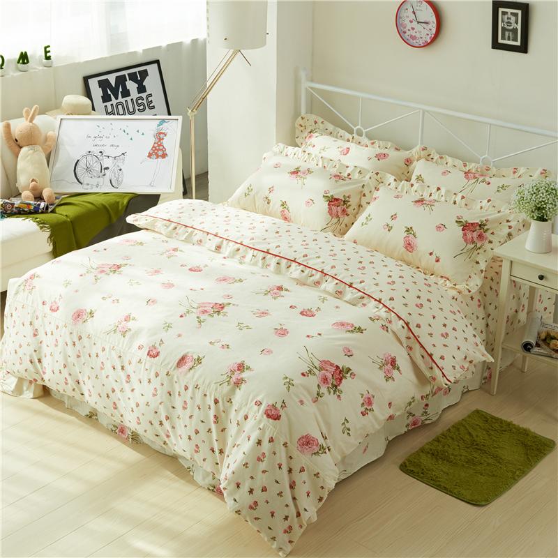 

Chic Vintage Floral Duvet Cover with Ruffles Bed Sheet Set Elegant Princess Girls 100%Cotton Soft  Queen King Bedding sets, Color 5