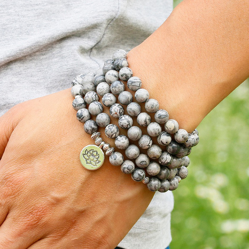 

Energy 108 Light Grey Map Stone Beaded Lotus Charm Necklace Men Women Yoga Bracelet Jewelry Natural Stone Bead Bracelet Men