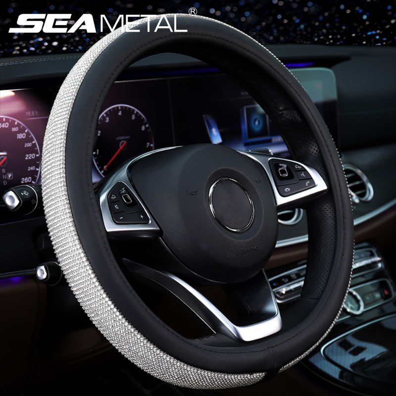 

Rhinestone Car Leather Steering Wheel Covers Car Steering Wheel Crystal Cover Auto Cars Interior Accessories For Women Girls