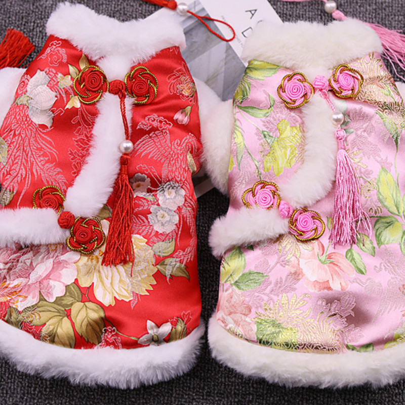 

Chinese Style Dog Clothes Cheongsam Clothing for Dogs Cotton Padded Clothe Pet Outfits Floral Print Thicken Ropa Para Perro, Red