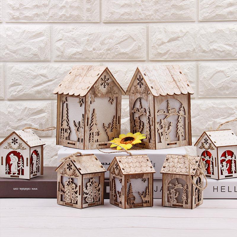 

Log Cabin Wooden Christmas Tree Hanging Xmas LED Light Wooden House Light Glittery Creative Blockhouse Home Decoration