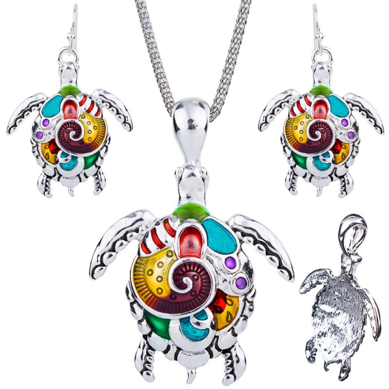 

1set NEW Tortoise Necklace Earrings Set Alloy Unique Tortoise Design Gift Animal Pendant Jewelry Sets Rainbow Charm Accessories, As pic