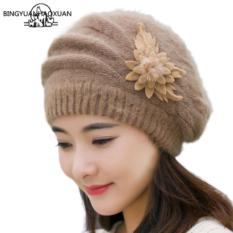 

BINGYUANHAOXUAN 2020 Beret Top Quality Winter Warm Hat For Women Fur Berets Fashion Flower Ladies Hats Boina Feminina, Black